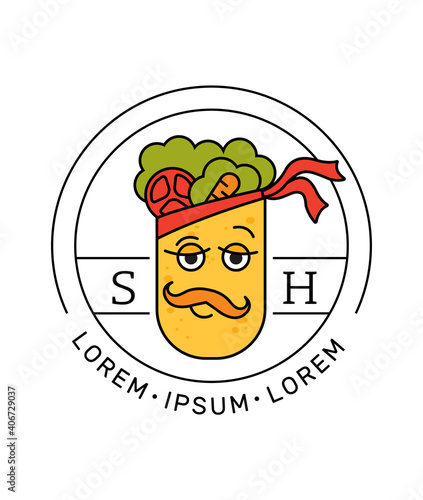Cartoon character shawarma logo on a white isolated background in a circle with text. Vector modern logo