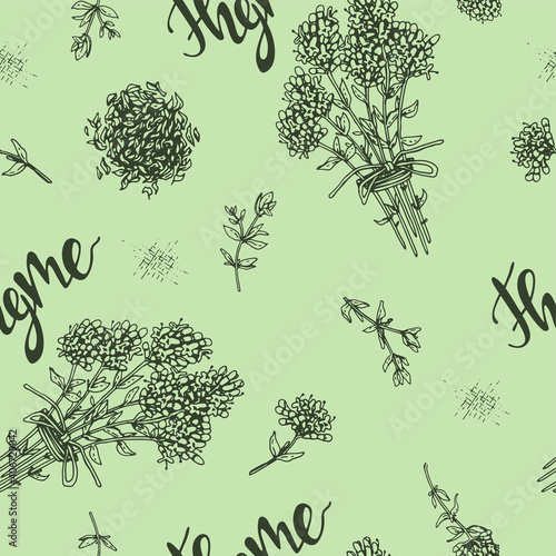 Seamless Pattern with twig of thyme with leaves and flowers .