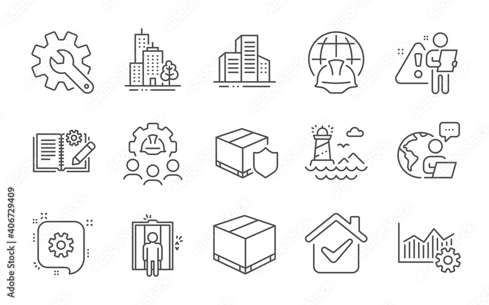 Global engineering, Delivery box and Lighthouse line icons set. Cogwheel, Buildings and Engineering documentation signs. Line icons set. Vector Global engineering, Delivery box and Lighthouse line icons set. Cogwheel, Buildings and Engineering documentation signs. Line icons set. Vector