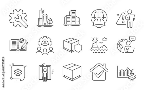 Global engineering, Delivery box and Lighthouse line icons set. Cogwheel, Buildings and Engineering documentation signs. Line icons set. Vector