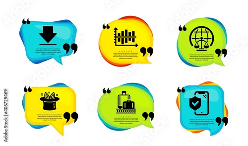 Magistrates court, Diagram chart and Downloading icons simple set. Speech bubble with quotes. Baggage reclaim, Hat-trick and Phone insurance signs. Vector