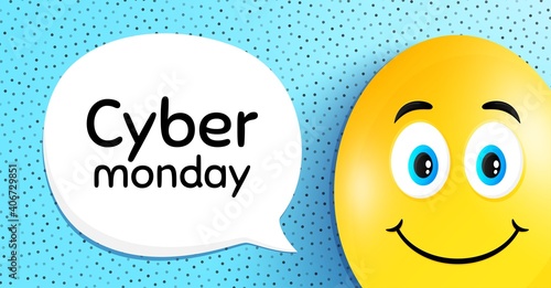 Cyber Monday Sale. Easter egg with smile face. Special offer price sign. Advertising Discounts symbol. Easter smile character. Cyber monday speech bubble. Yellow egg background. Vector