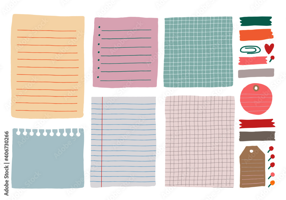 Pastel note vector illustrations set. pages and notebook items. Bookmarks and reminders, cute backdrops. Message text space on white background Pastel note vector illustrations set. pages and notebook items. Bookmarks and reminders, cute backdrops. Message text space on white background