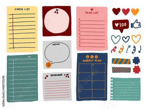 Pastel note vector illustrations set. pages and notebook items. Bookmarks and reminders, cute backdrops. Message text space on white background