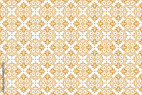Wallpaper in the style of Baroque. Seamless vector background. White and gold floral ornament. Graphic pattern for fabric, wallpaper, packaging. Ornate Damask flower ornament