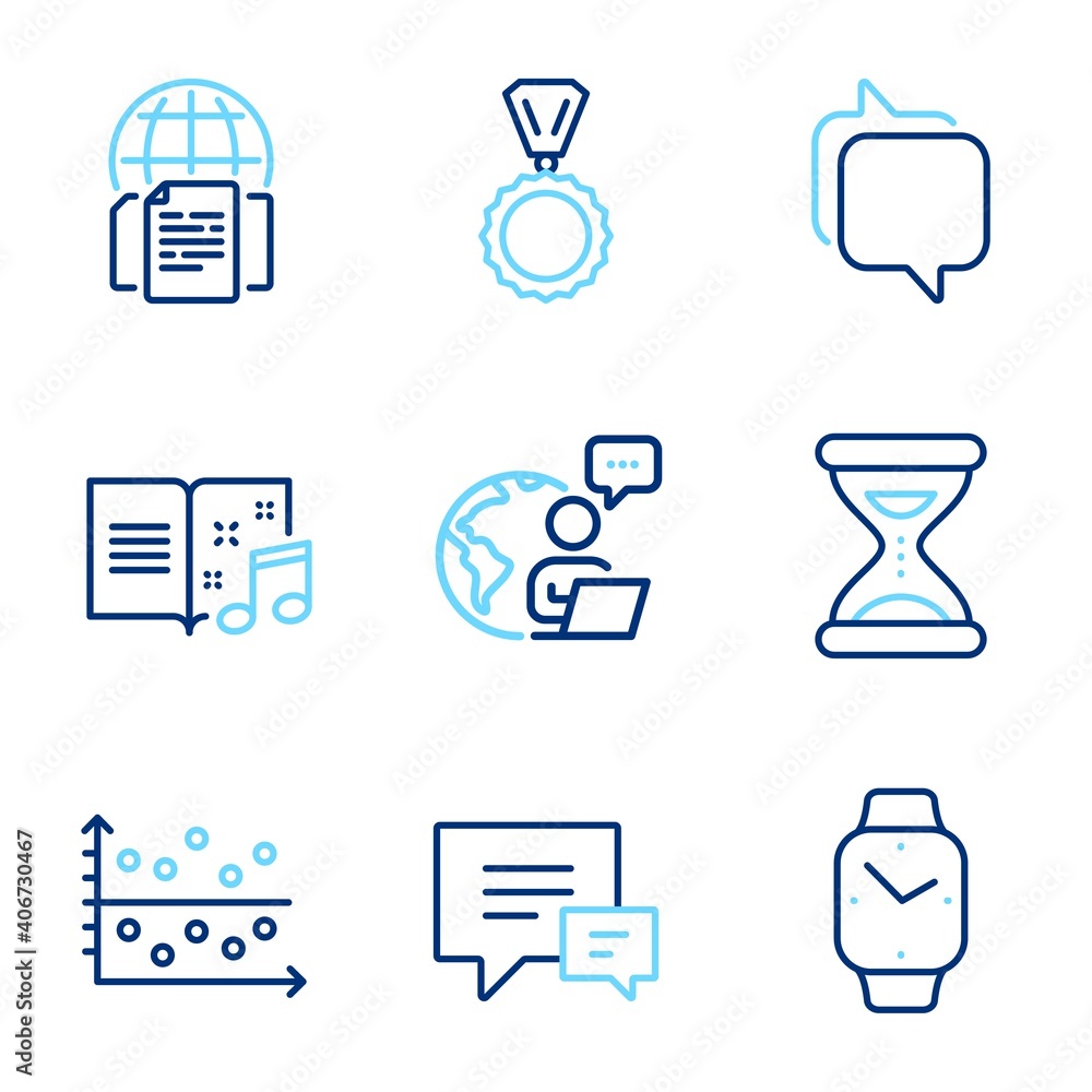 Education icons set. Included icon as Music book, Medal, Messenger signs. Internet documents, Dot plot, Comment symbols. Time, Smartwatch line icons. Musical note, Winner. Line icons set. Vector Education icons set. Included icon as Music book, Medal, Messenger signs. Internet documents, Dot plot, Comment symbols. Time, Smartwatch line icons. Musical note, Winner. Line icons set. Vector