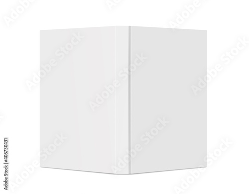 Open book with white back Cover. Vertical Blank Mockup. 3d Vector Realistic. Empty Book Template.  Magazine, album or diary on white background. EPS10.