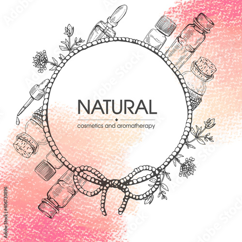 Frame with aromatherapy accessories. Detailed hand-drawn sketches