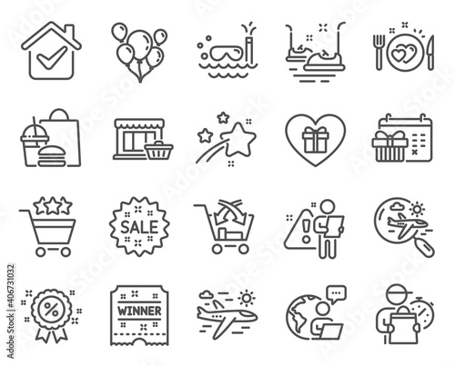 Holidays icons set. Included icon as Cross sell, Scuba diving, Sale signs. Airplane travel, Discount, Winner ticket symbols. Christmas calendar, Balloons, Romantic gift. Marketplace. Vector
