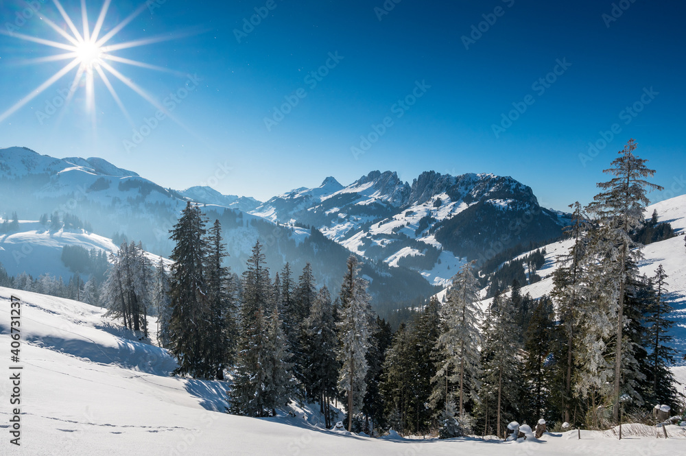 wonderful snowcovered winter landscape at Gastlosen in Bernese Alps