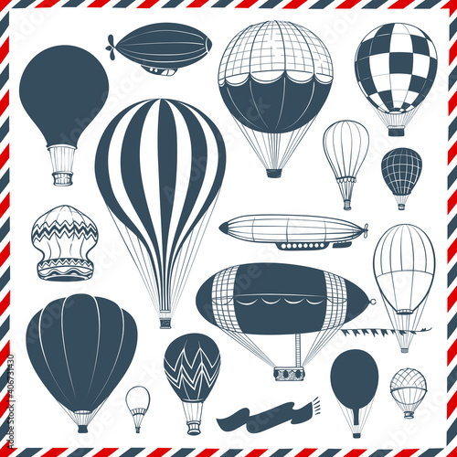 Air Balloons and Dirigible Hand Drawn Contour Set