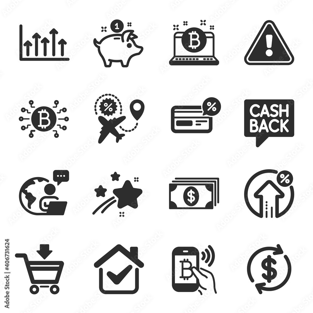 Set of Finance icons, such as Online market, Flight sale, Loan percent symbols. Bitcoin pay, Dollar exchange, Bitcoin system signs. Money transfer, Banking, Saving money. Cashback. Vector Set of Finance icons, such as Online market, Flight sale, Loan percent symbols. Bitcoin pay, Dollar exchange, Bitcoin system signs. Money transfer, Banking, Saving money. Cashback. Vector