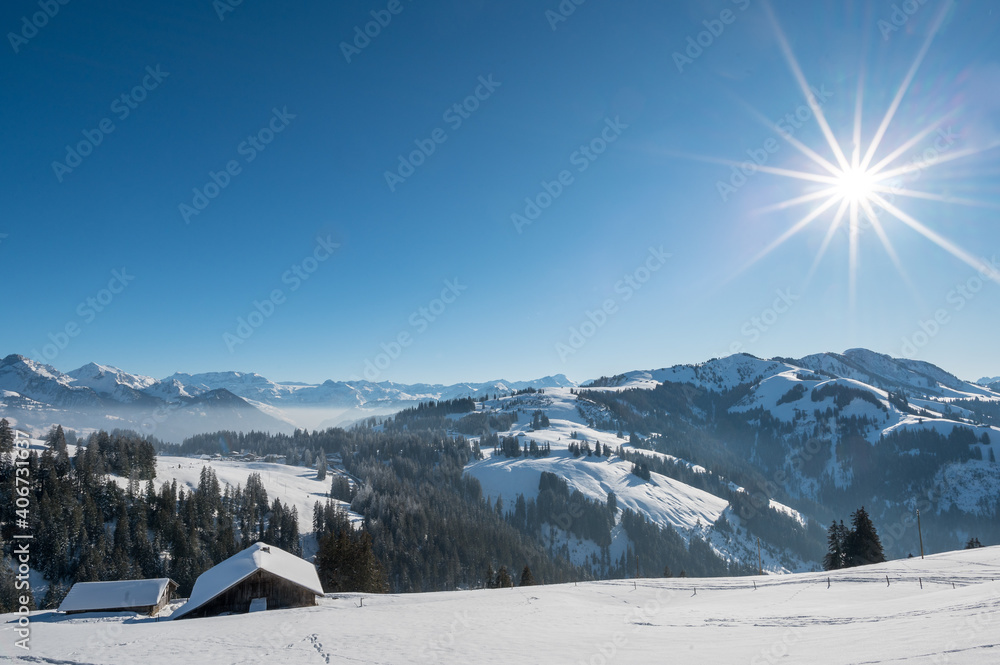 dreamy snowcovered winter landscape at Jaun Pass in Bernese Alps