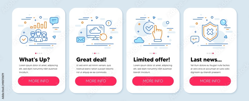 Set of Business icons, such as Checkbox, Teamwork results, Recovery cloud symbols. Mobile screen banners. Reject protection line icons. Confirmed, Group work, Backup info. No security. Vector Set of Business icons, such as Checkbox, Teamwork results, Recovery cloud symbols. Mobile screen banners. Reject protection line icons. Confirmed, Group work, Backup info. No security. Vector