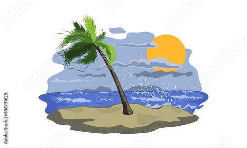 Raging ocean, wind and grey cloudy sky. Vector palm tree on sand, nature landscape, weather and climate change, desert island, summertime design isolated on white background
