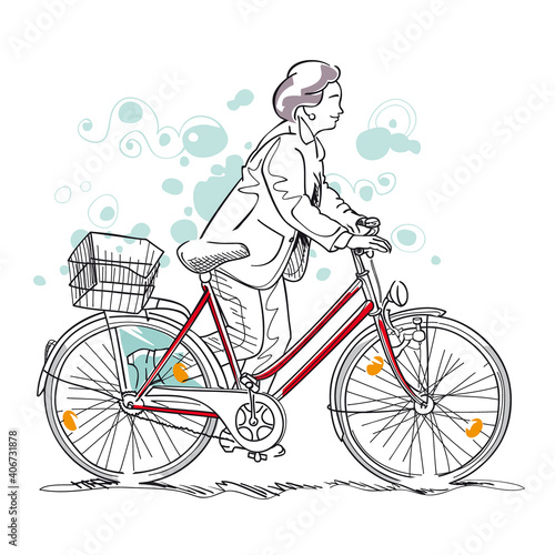 Old Senior Woman Riding Bicycle Line Art Vector Scribble