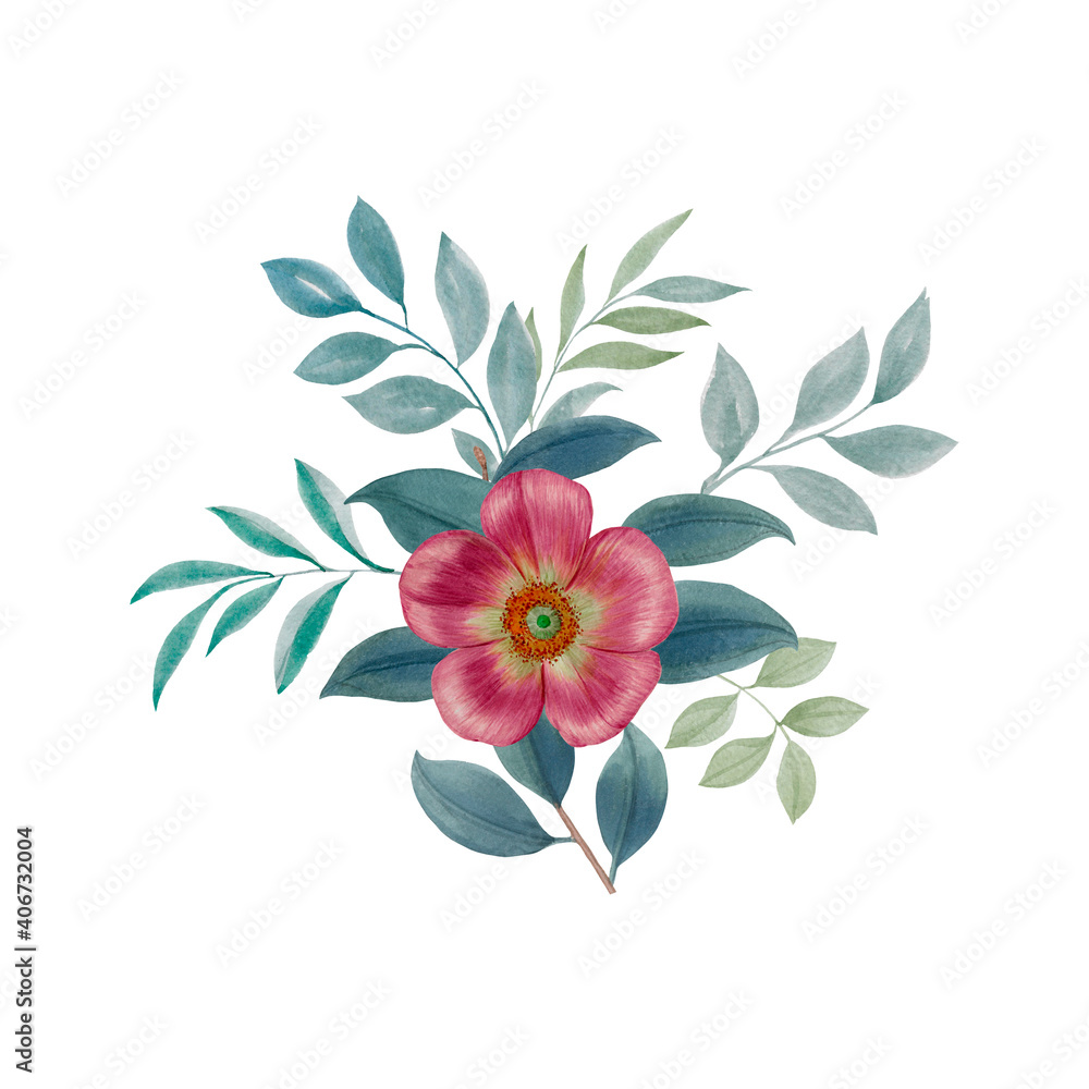 Delicate composition of flower and leaves. Hand drawn watercolor illustration. Suitable for print, poster, greeting card, invitation, postcard, textile design, fabric, wedding decor, wrapping paper Delicate composition of flower and leaves. Hand drawn watercolor illustration. Suitable for print, poster, greeting card, invitation, postcard, textile design, fabric, wedding decor, wrapping paper