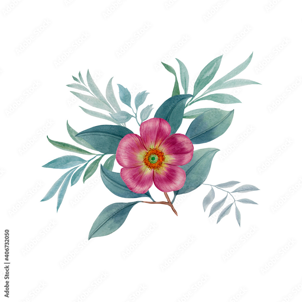 Delicate composition of flower and leaves. Hand drawn watercolor illustration. Suitable for print, poster, greeting card, invitation, postcard, textile design, fabric, wedding decor, wrapping paper. Delicate composition of flower and leaves. Hand drawn watercolor illustration. Suitable for print, poster, greeting card, invitation, postcard, textile design, fabric, wedding decor, wrapping paper.