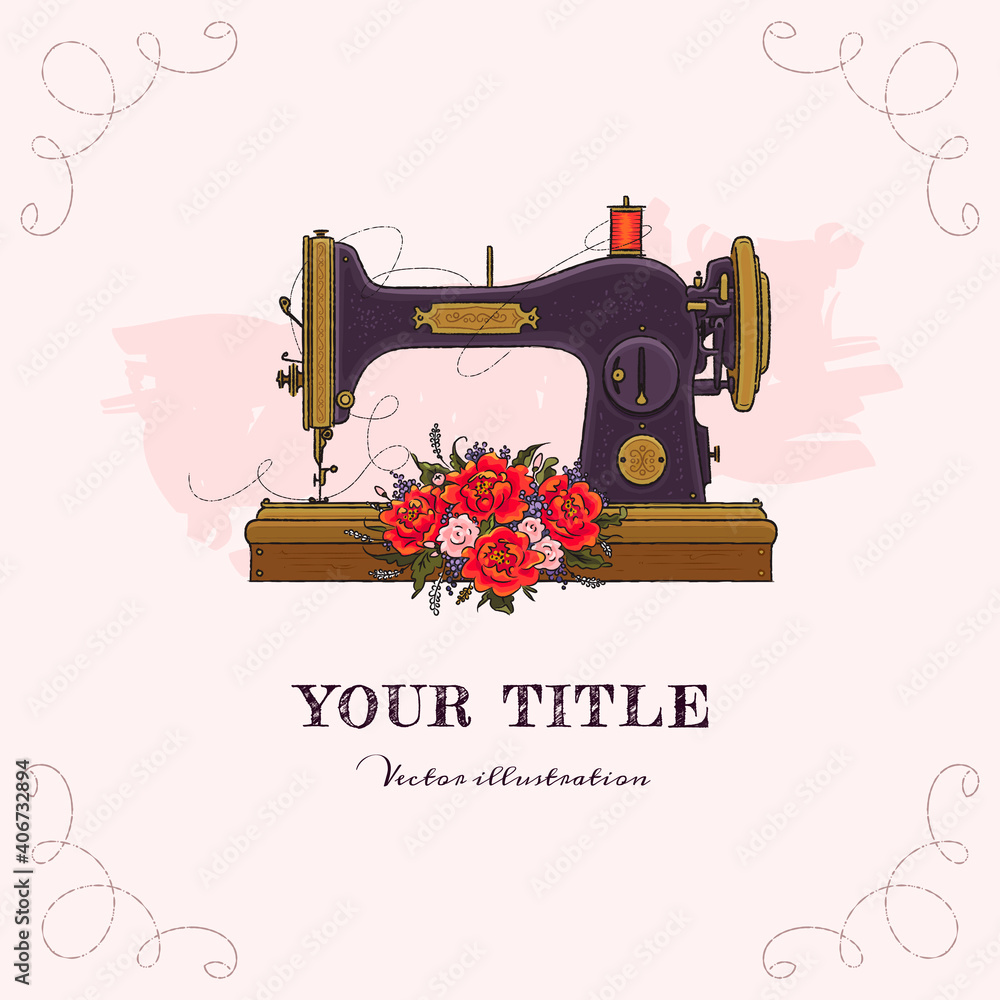 Hand drawn illustration of sewing machine and flowers isolated on background. Vector illustration