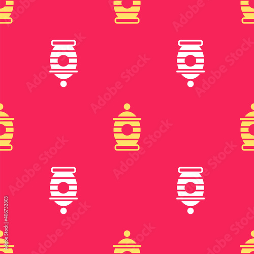 Yellow Funeral urn icon isolated seamless pattern on red background. Cremation and burial containers, columbarium vases, jars and pots with ashes. Vector.