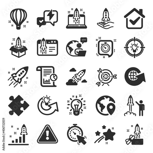 Startup icons. Launch Project, Business report, Target icons. Strategy, Development plan, Startup space rocket. Air balloon, Out of the Box strategy and Business innovation report. Vector