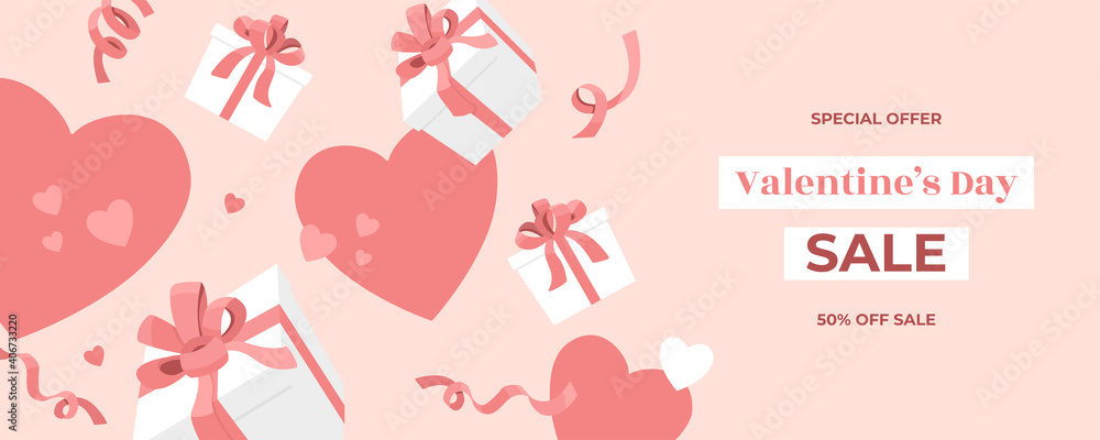 Valentines Day sale web banner, falling white gift boxes with holiday ribbons, confetti and bows, hearts on pink background, cute love holiday card template, online shopping. Vector flat illustration