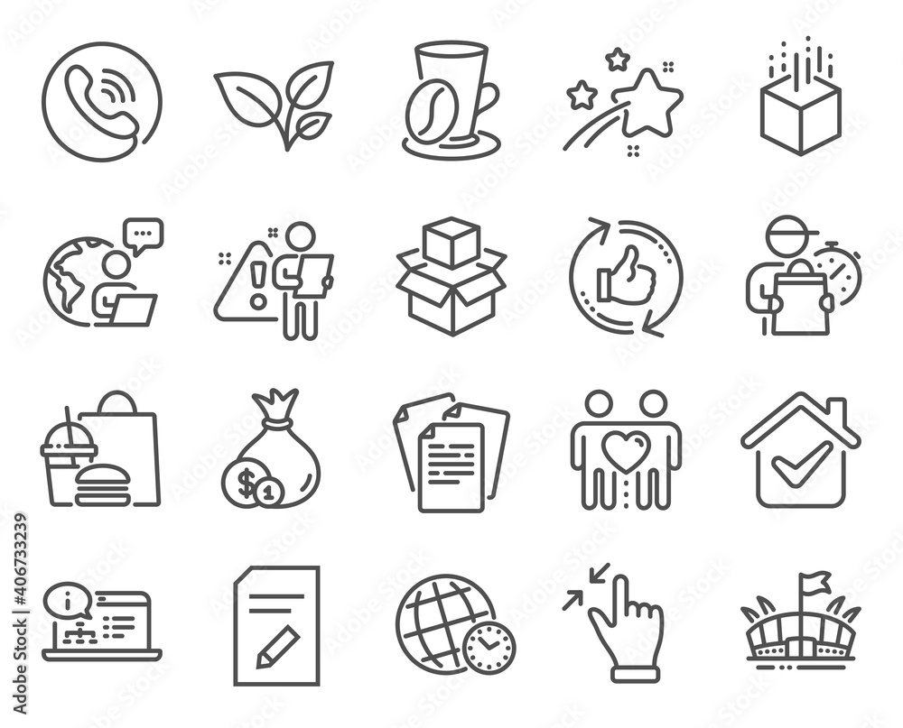 Business icons set. Included icon as Time zone, Arena, Call center signs. Augmented reality, Edit document, Touchscreen gesture symbols. Cash, Documents, Leaves. Coffee cup, Packing boxes. Vector Business icons set. Included icon as Time zone, Arena, Call center signs. Augmented reality, Edit document, Touchscreen gesture symbols. Cash, Documents, Leaves. Coffee cup, Packing boxes. Vector