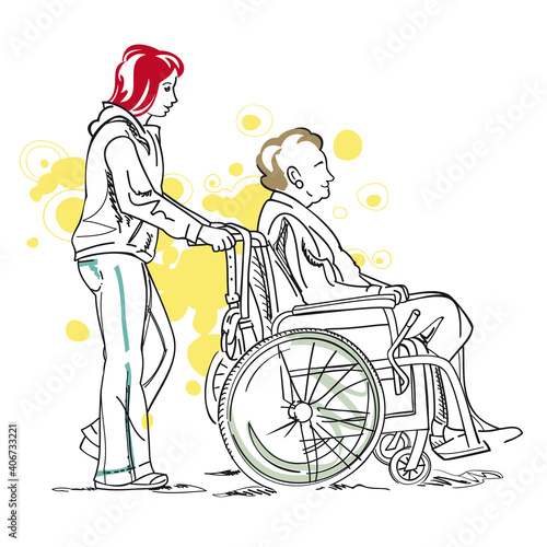 Young Woman pushing Senior In Wheelchair Line Art Vector Illustration Isolated