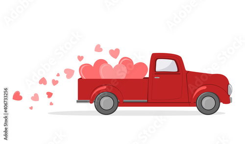 Red pickup truck with hearts. Card of a Valentine Day. Vector illustration.