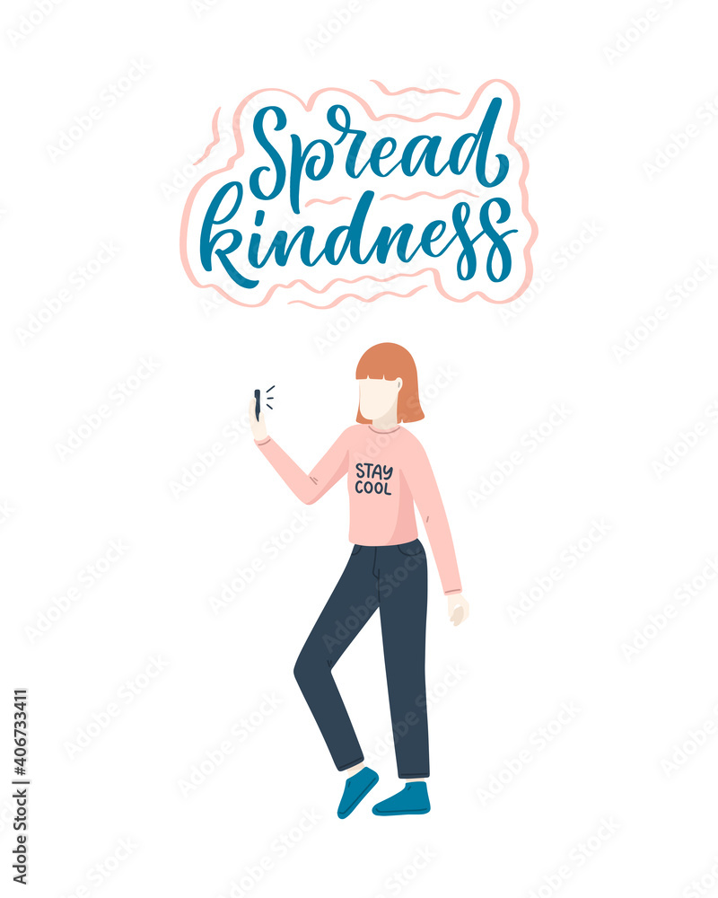 Girl character in cartoon flat style with positive lettering slogan. Minimalism female person design. Friendly concept with calligraphy phrase. Happy woman. Vector Girl character in cartoon flat style with positive lettering slogan. Minimalism female person design. Friendly concept with calligraphy phrase. Happy woman. Vector