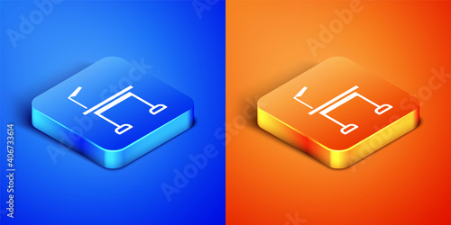 Isometric Pet grooming table icon isolated on blue and orange background. Square button. Vector.