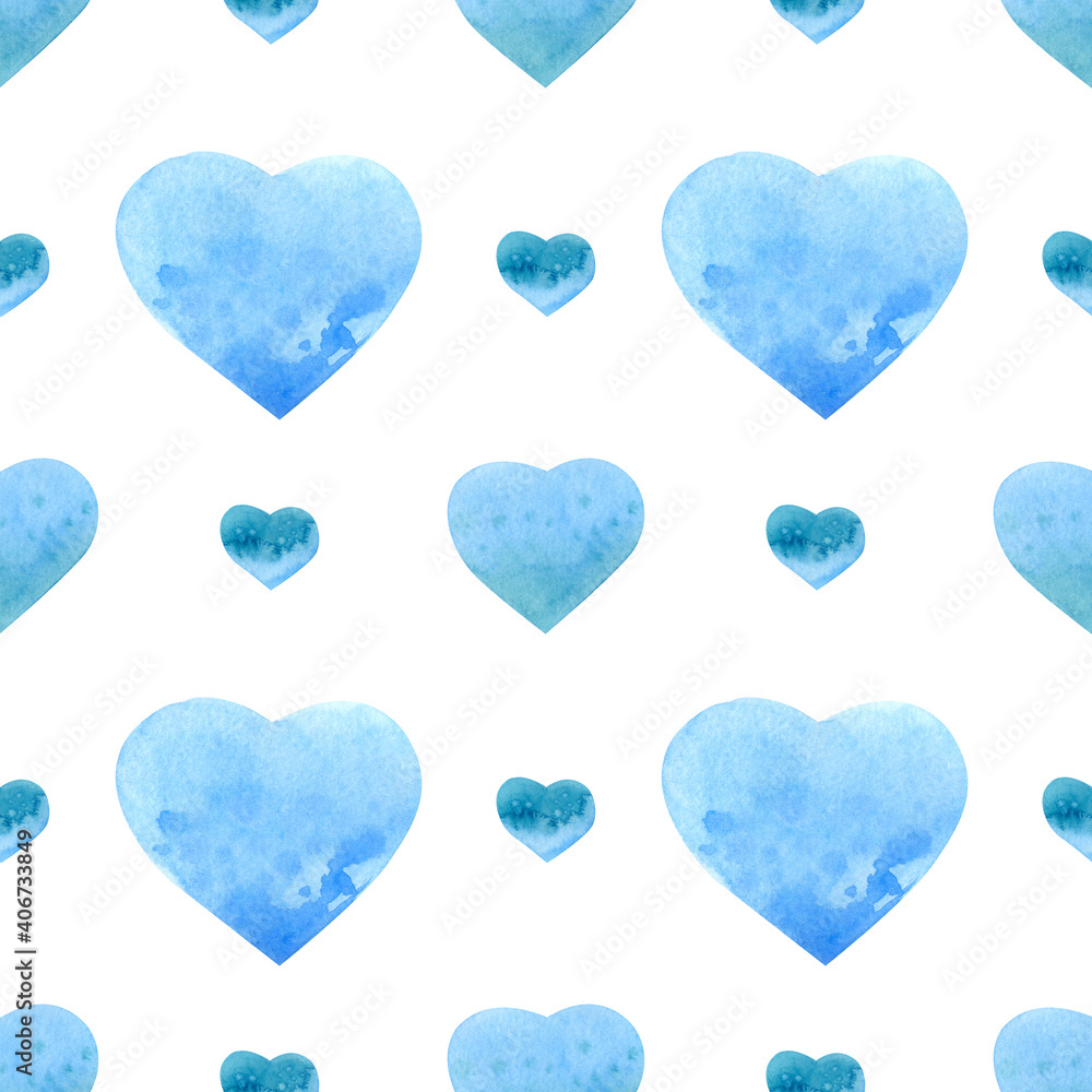 Seamless pattern. Blue hearts. Big and small hearts in the pattern. Watercolor. For fabric or packaging paper.