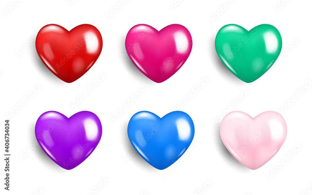 Realistic Valentine heart icon collection in different color, Symbol of love icon 3d style modern design isolated on white blank background. Vector illustration design.