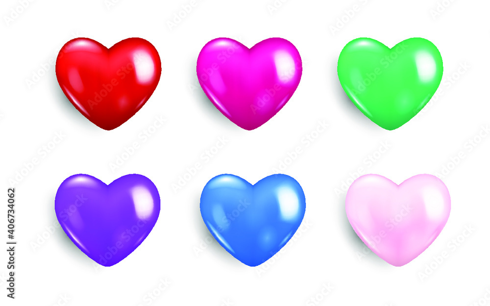Realistic Valentine heart icon collection in different color, Symbol of love icon 3d style modern design isolated on white blank background. Vector illustration design.
