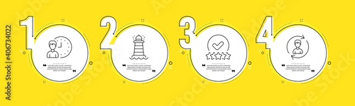 Rating stars, Working hours and Lighthouse line icons set. Timeline process infograph. Human resources sign. Verified rank, Project deadline, Searchlight tower. Update profile. Vector