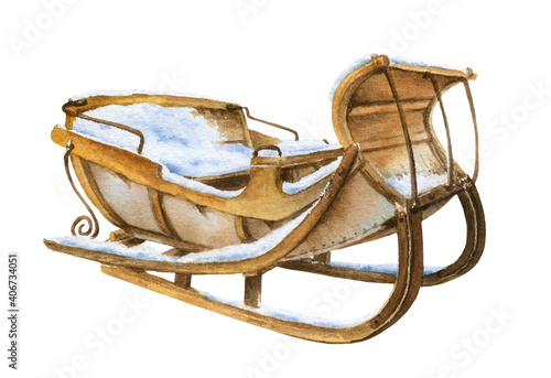 Big snow-covered vintage wooden sledge hand drawn in watercolor isolated on a white background. Watercolor illustration. Winter illustration. photo