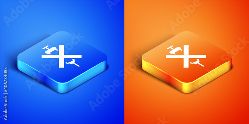 Isometric No doping syringe icon isolated on blue and orange background. Square button. Vector.