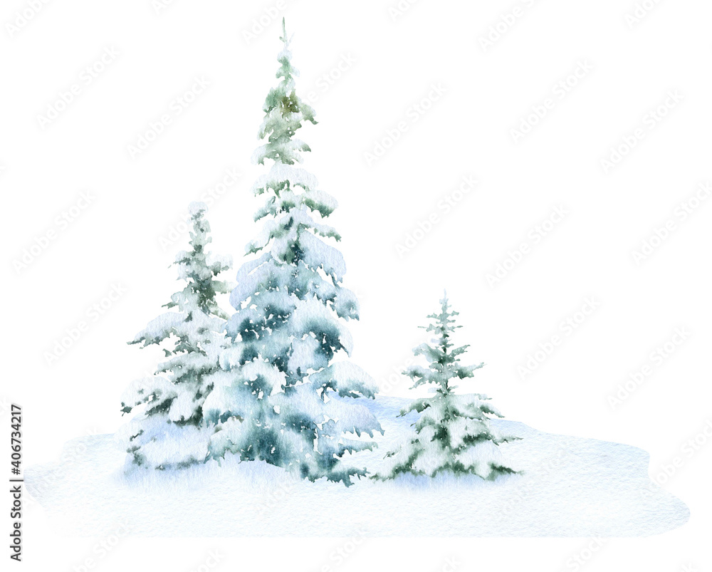 Group of the snow-covered spruces hand drawn in watercolor isolated on a white background. Watercolor winter illustration. Winter landscape. Winter forest.	