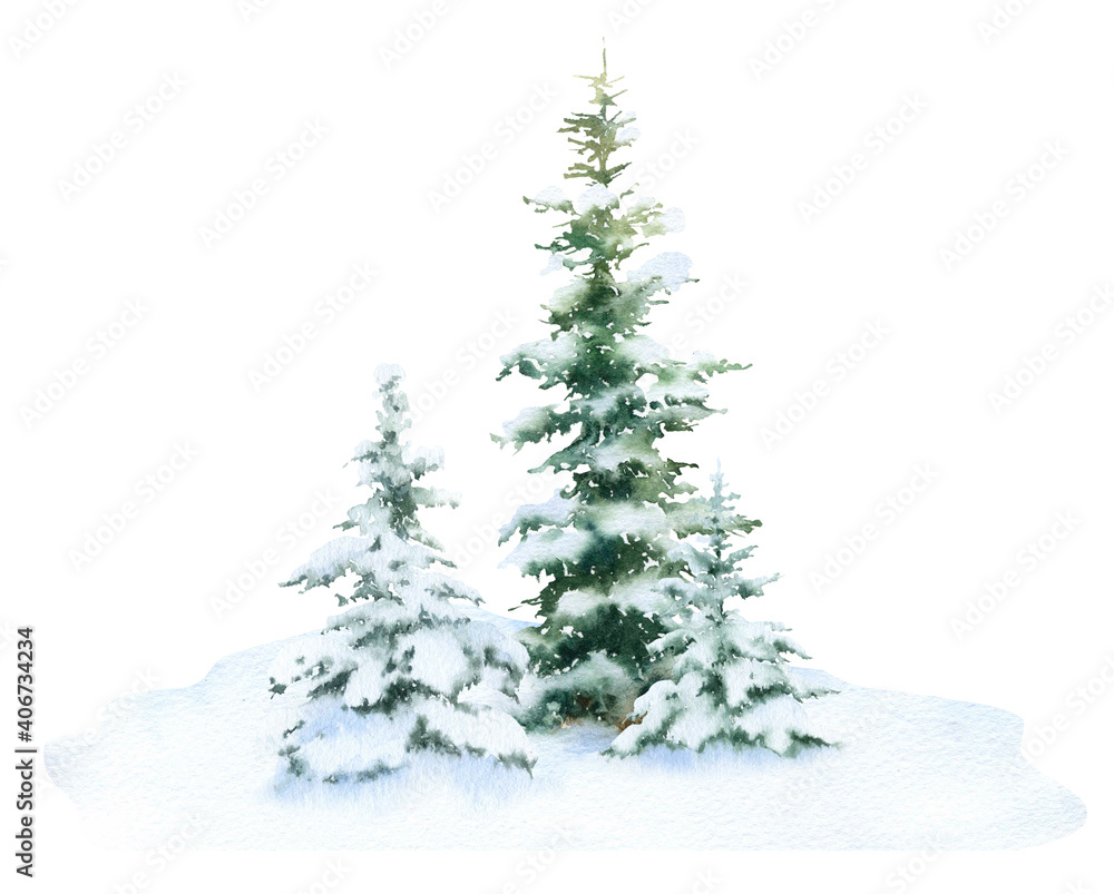 Group of the snow-covered spruces hand drawn in watercolor isolated on a white background. Watercolor winter illustration. Winter landscape. Winter forest. Group of the snow-covered spruces hand drawn in watercolor isolated on a white background. Watercolor winter illustration. Winter landscape. Winter forest.
