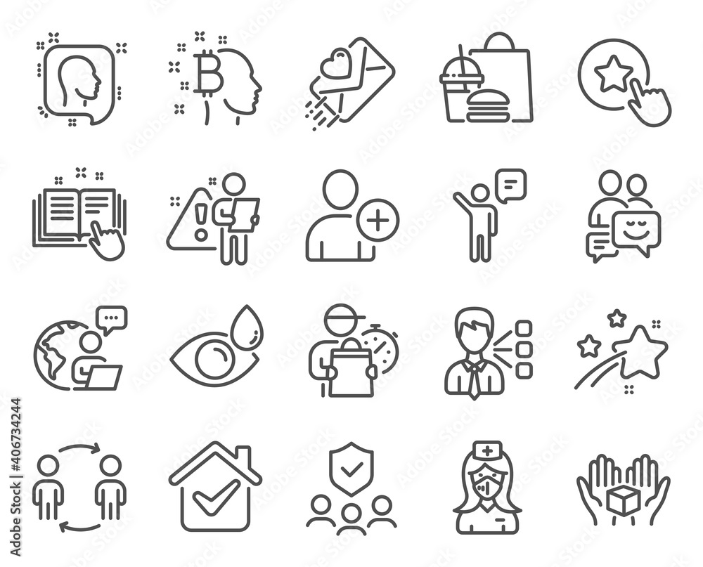 People icons set. Included icon as Loyalty star, Agent, Workflow signs. People insurance, Third party, Hold box symbols. Nurse, Bitcoin think, Add user. Eye drops, Love letter, Head. Vector People icons set. Included icon as Loyalty star, Agent, Workflow signs. People insurance, Third party, Hold box symbols. Nurse, Bitcoin think, Add user. Eye drops, Love letter, Head. Vector