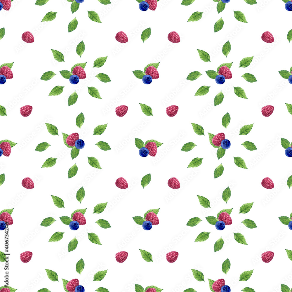 Seamless pattern. Watercolor. Wild berries and green leaves. For packaging paper or fabric.