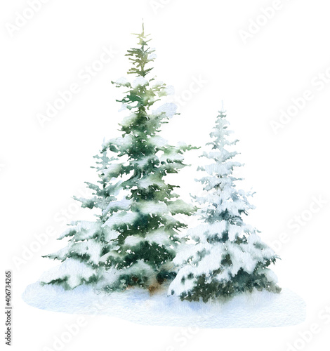 Group of the snow-covered spruces hand drawn in watercolor isolated on a white background. Watercolor winter illustration. Winter landscape. Winter forest.  © Tatiana