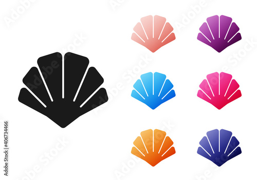 Black Scallop sea shell icon isolated on white background. Seashell sign. Set icons colorful. Vector.