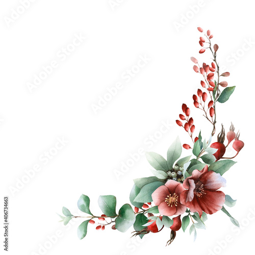 Corner floral composition with white dogwood inflorescences, red flowers, barberries, red wild rose berries and green leaves hand drawn in watercolor isolated on a white background. Watercolor frame