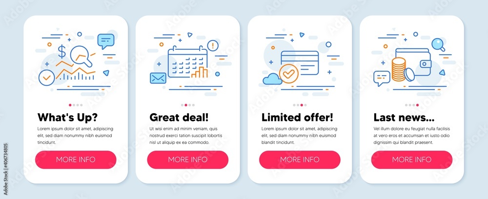 Set of Finance icons, such as Payment methods, Check investment, Calendar graph symbols. Mobile screen app banners. Payment method line icons. Vector