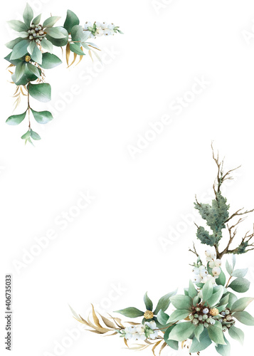 Floral square frame of dry moss-covered branche  snowberries  herbs and white dogwood plant with green leaves hand drawn in watercolor isolated on a white background. Watercolor floral illustration. 