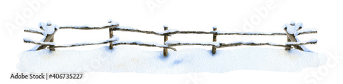 Snow-covered wooded fence with snowdrifts hand drawn in watercolor isolated on a white background. Watercolor illustration.