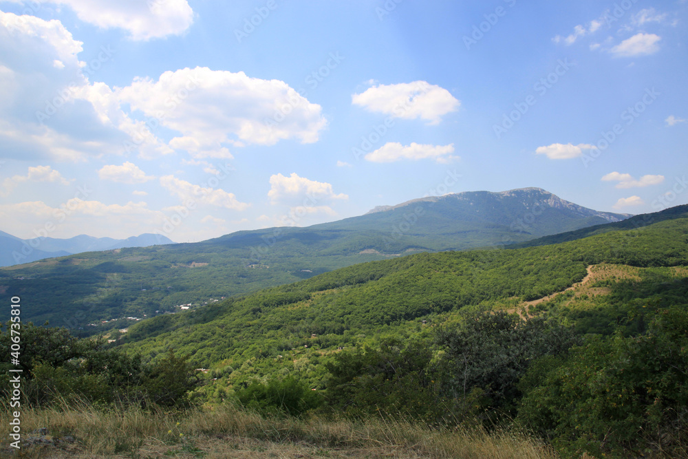 Summer mountain landscape. Green forest on the mountainside illuminated by the sun. Bright day with blue sky and white clouds.