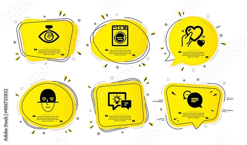 Idea lamp, Eye laser and Laundry icons simple set. Yellow speech bubbles with dotwork effect. Face recognition, Hold heart and Text message signs. Vector