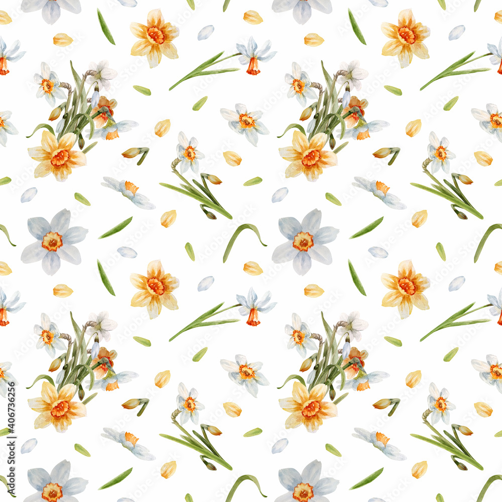 Obraz premium Watercolor seamless pattern, background with spring flowers of white and yellow daffodils. A bouquet of daffodils and individual flowers and leaves on a white background.